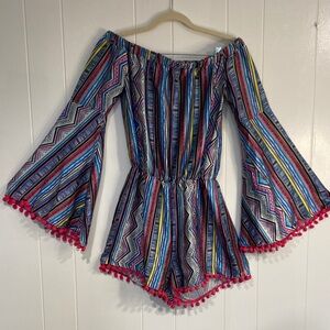 Off-Shoulder Romper Boho Pink Pom Trim Free the Roses Multicolor Striped XS